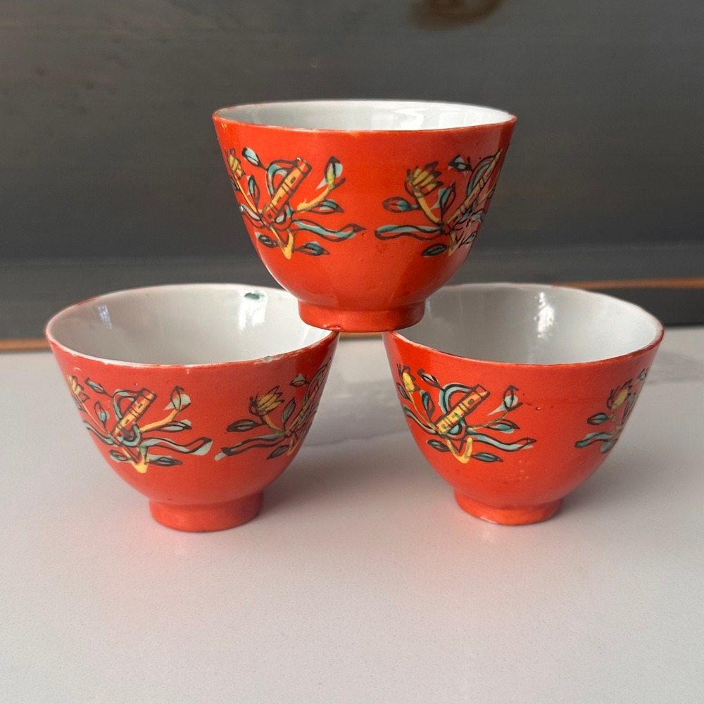 Vintage Chinese Porcelain Tea Cups Set of 3 Orange Red Floral Hand Painted Good